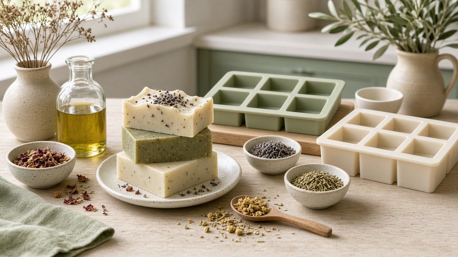 Handmade botanical soap bars and molds on a craft desk