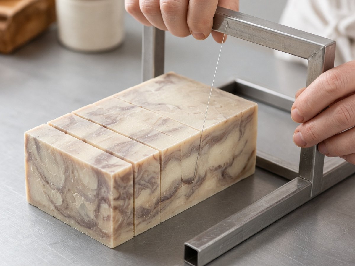 Cutting cured soap loaf into bars