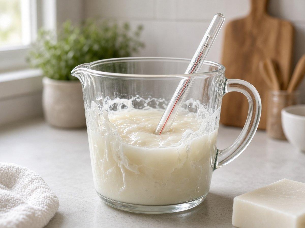 Melting soap base with thermometer